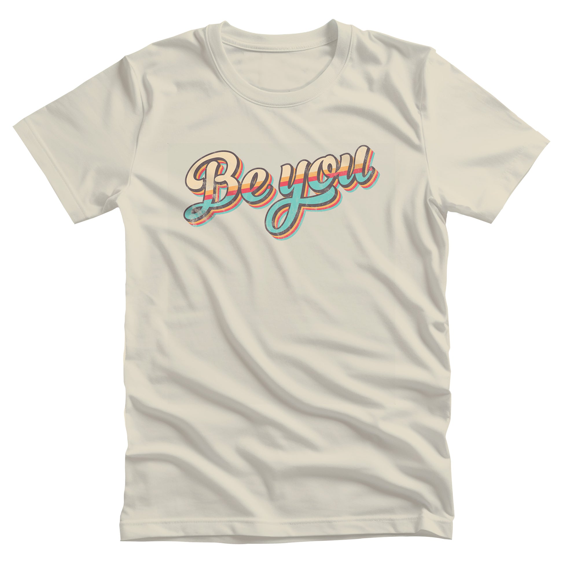 Natural color unisex t-shirt that says “Be you” in a vintage-inspired script font with vintage colors and stripes. It’s designed to look as if the design is wearing off the shirt.